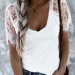 White Short Sleeve White shirt top w lace